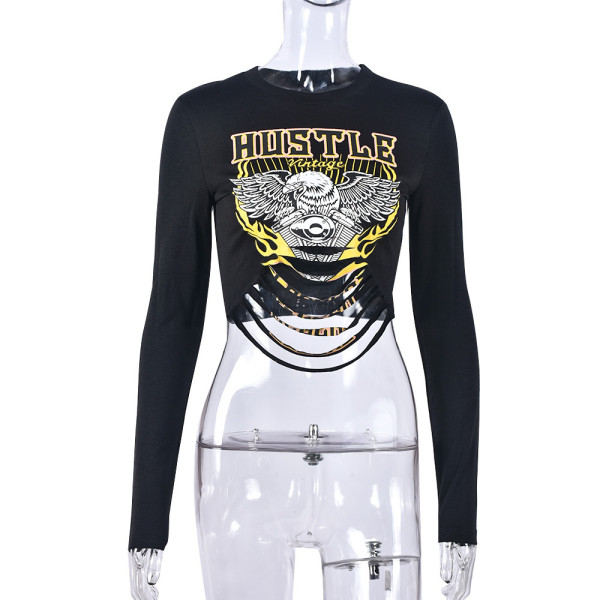 Round neck exposed navel tight long sleeved top T-shirt