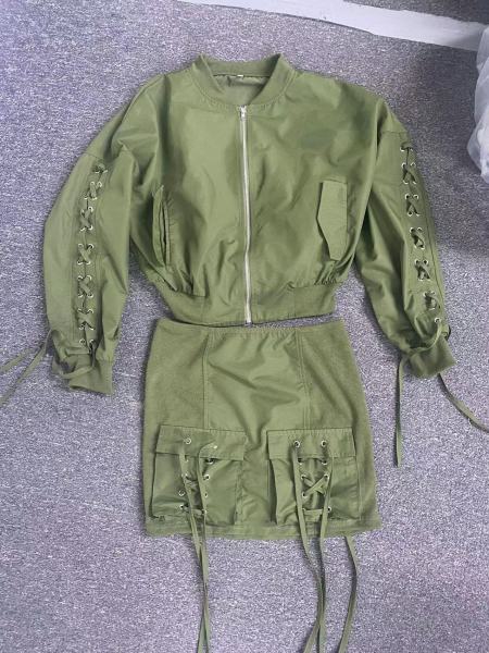 Tie up jacket cardigan+half length short skirt two-piece set
