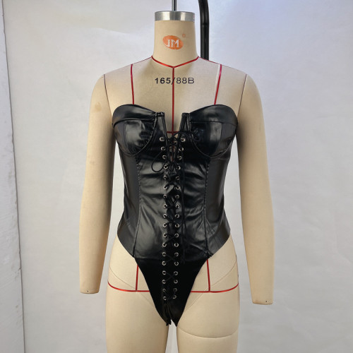 Chest bare back corn strap PU slim fitting and slimming jumpsuit