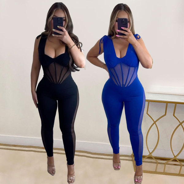 Solid color perspective elastic tight fitting buttocks jumpsuit