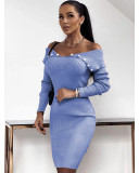 Women's buttoned waist long sleeved knitted buttocks up dress