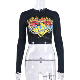 Round neck exposed navel tight long sleeved top T-shirt