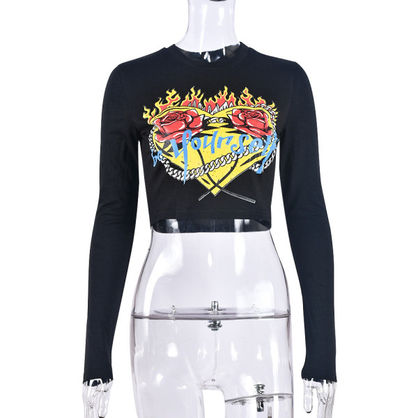 Round neck exposed navel tight long sleeved top T-shirt