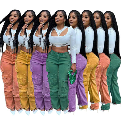 Casual Multi Pocket Pants Solid Straight denim