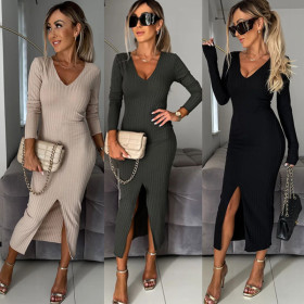 V-neck long sleeved pit stripe long dress