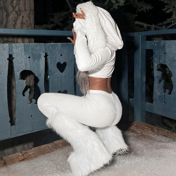 Two piece set of plush hooded top and pants