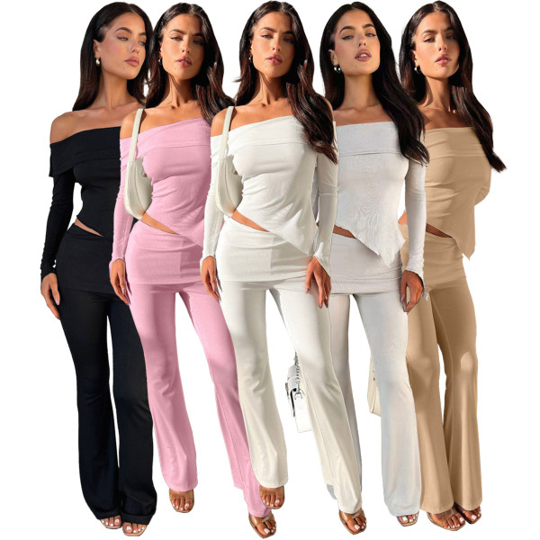 Two piece set of off shoulder lapels and flared waist pants