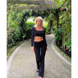 Square neck top with rolled waist and low waist flared pants set