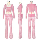 Square neck top with rolled waist and low waist flared pants set