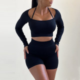 Women's knitted thread high elastic back exercise and fitness two-piece set