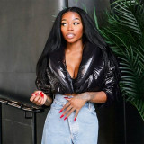 PU leather high collar button button long sleeved short cut cotton shirt with exposed navel