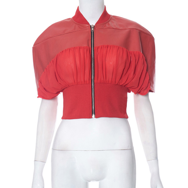 Leather stitching mesh zipper short sleeved open navel waist top coat