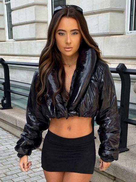 PU leather high collar button button long sleeved short cut cotton shirt with exposed navel