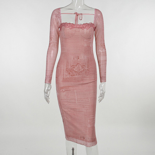 Off Shoulder Lace Lace Long Sleeve Slim Fit Dress