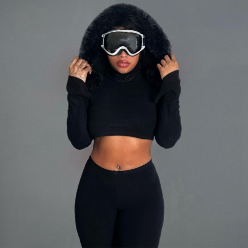 Two piece set of plush hooded top and pants