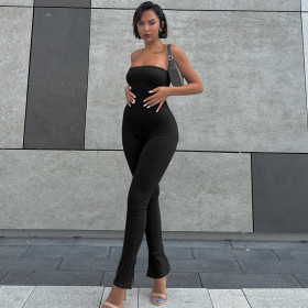 Women's straight neck solid color slim fitting pants