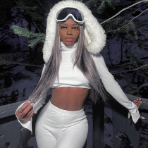 Two piece set of plush hooded top and pants