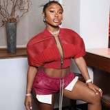 Leather stitching mesh zipper short sleeved open navel waist top coat