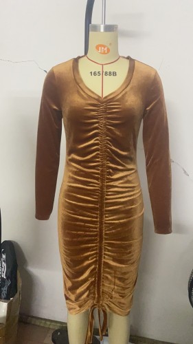 Drawn pleated tied round neck buttock wrap dress