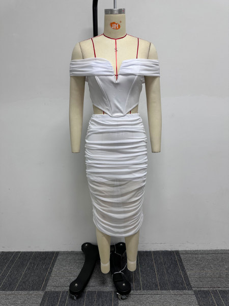 Mesh Splice Wrap Hip Perspective Elastic One Shoulder Two Piece Set