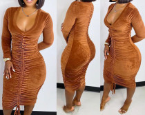Drawn pleated tied round neck buttock wrap dress Drawn pleated tied round neck buttock wrap dress