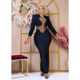 Women's Solid Mesh Perspective Long Sleeve Long Dress Dress