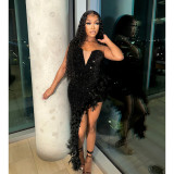 Women's solid color strapless backless sequin feather dress