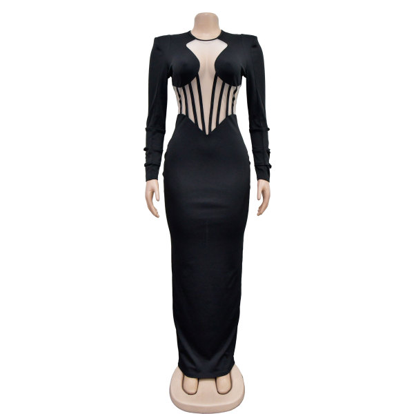 Women's Solid Mesh Perspective Long Sleeve Long Dress Dress