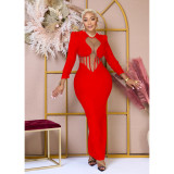 Women's Solid Mesh Perspective Long Sleeve Long Dress Dress