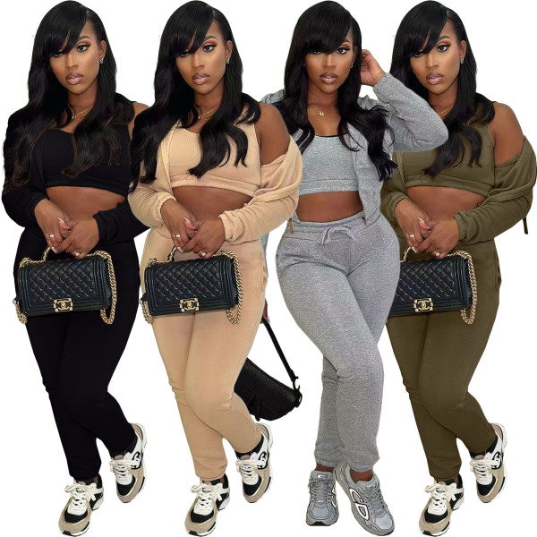 Plush Sweater Hooded Sports Casual Set (Three Piece Set)