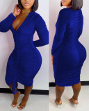 Drawn pleated tied round neck buttock wrap dress