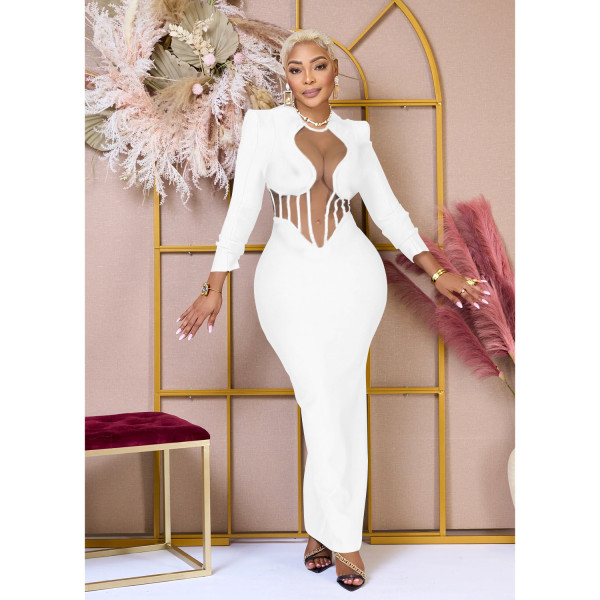 Women's Solid Mesh Perspective Long Sleeve Long Dress Dress