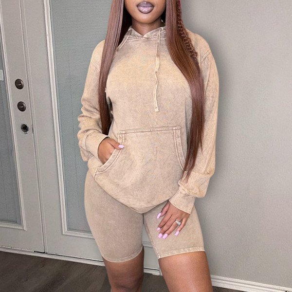 Vintage printed hoodie loose shorts set