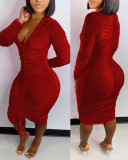 Drawn pleated tied round neck buttock wrap dress