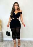 Mesh Splice Wrap Hip Perspective Elastic One Shoulder Two Piece Set