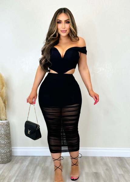 Mesh Splice Wrap Hip Perspective Elastic One Shoulder Two Piece Set