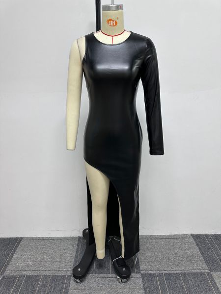 Slim Fit Elastic Tight Wrap Hip Split Single Sleeve Leather Skirt
