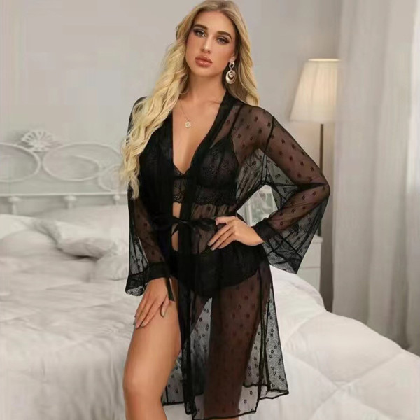 Large transparent lace mesh pajama dress, sheer suspender dress, bathrobe, three pieces