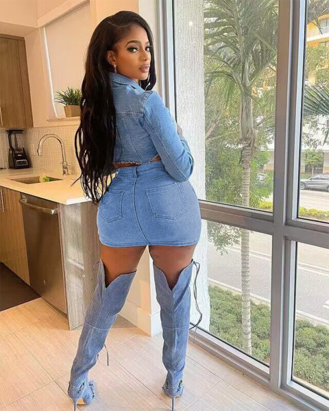 Stretch denim top short skirt set