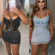 Women's sexy tight fitting suspender mesh hot diamond dress short skirt Women's sexy tight fitting suspender mesh hot diamond dress short skirt