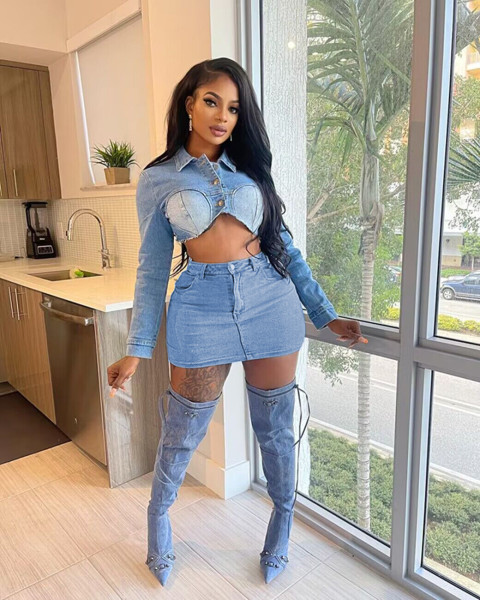 Stretch denim top short skirt set