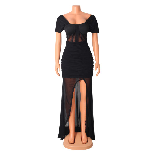 Off Shoulder Mesh Solid Color Dress Long Dress