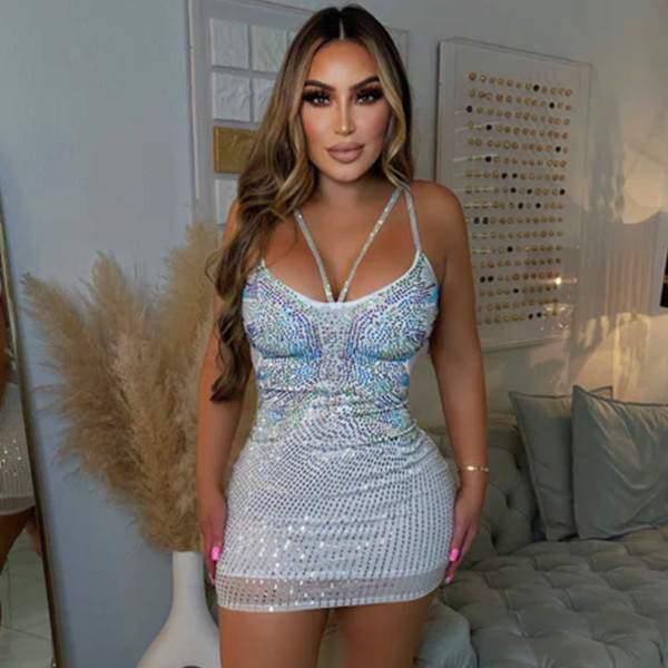Women's sexy tight fitting suspender mesh hot diamond dress short skirt