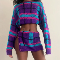 Knitted contrast color low neck tie long sleeved top slim fitting half skirt set