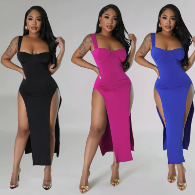Formal Dress Strap Solid Split Long Dress