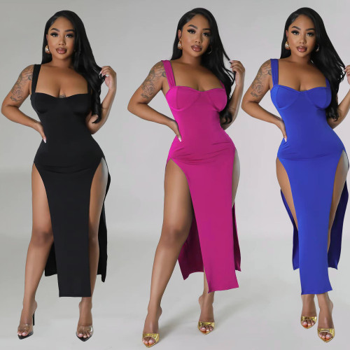Formal Dress Strap Solid Split Long Dress