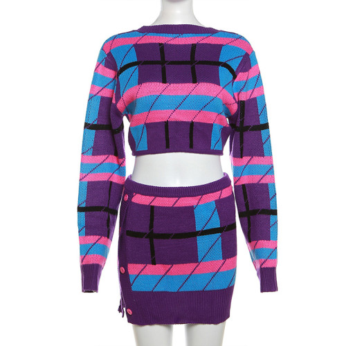 Knitted contrast color low neck tie long sleeved top slim fitting half skirt set