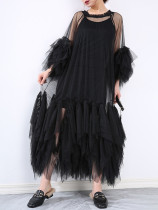 Multi layered hem pleated holiday long mesh skirt Multi layered hem pleated holiday long mesh skirt