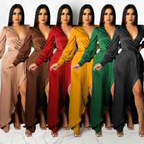 Sexy V-neck Silk Face Solid Lace Irregular Long Dress Sexy V-neck Silk Face Solid Lace Irregular Long Dress