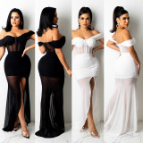 Off Shoulder Mesh Solid Color Dress Long Dress